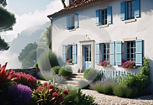 a quaint two-story cottage (house) in the style of French Provence with shutters and white walls,