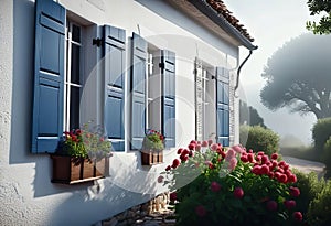 a quaint two-story cottage (house) in the style of French Provence with shutters and white walls,