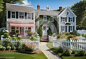 a quaint two-story cottage (house) in the style of French Provence with shutters and white walls,