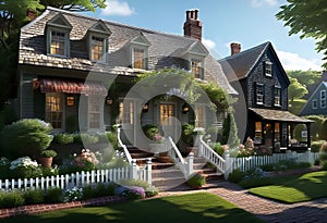 a quaint two-story cottage (house) in the style of French Provence with shutters and white walls,