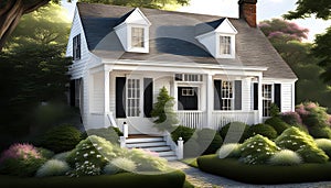 a quaint two-story cottage (house) in the style of French Provence with shutters and white walls,