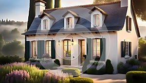 a quaint two-story cottage (house) in the style of French Provence with shutters and white walls,