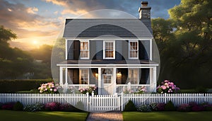 a quaint two-story cottage (house) in the style of French Provence with shutters and white walls,