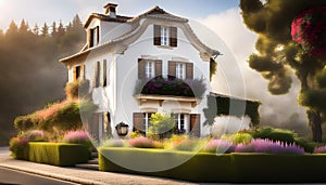 a quaint two-story cottage (house) in the style of French Provence with shutters and white walls,