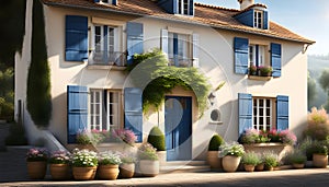 a quaint two-story cottage (house) in the style of French Provence with shutters and white walls,