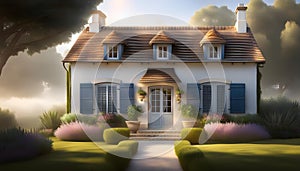 a quaint two-story cottage (house) in the style of French Provence with shutters and white walls,