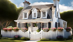 a quaint two-story cottage (house) in the style of French Provence with shutters and white walls,