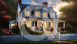 a quaint two-story cottage (house) in the style of French Provence with shutters and white walls,