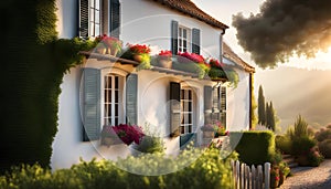 a quaint two-story cottage (house) in the style of French Provence with shutters and white walls,