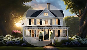 a quaint two-story cottage (house) in the style of French Provence with shutters and white walls,