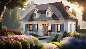 a quaint two-story cottage (house) in the style of French Provence with shutters and white walls,