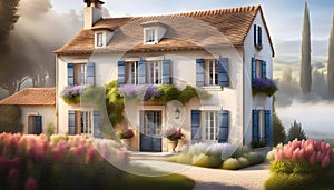 a quaint two-story cottage (house) in the style of French Provence with shutters and white walls,