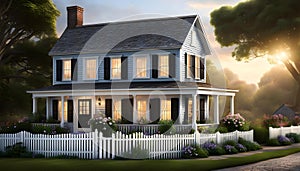 a quaint two-story cottage (house) in the style of French Provence with shutters and white walls,