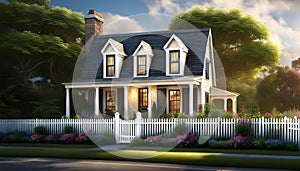 a quaint two-story cottage (house) in the style of French Provence with shutters and white walls,