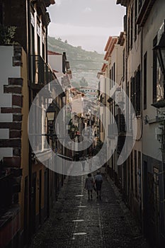 Quaint, urban alleyway flanked by charming structures in Funchal, Portugal.