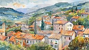 A quaint village nestled in the hills a watercolor rendition of its charming charm and quaint streets