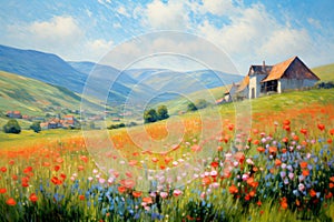 Quaint village nestled among rolling green hills, adorned with colorful blooming flowers