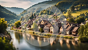 A quaint village by a river surrounded by hills