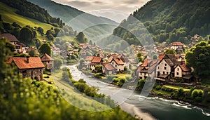 A quaint village by a river surrounded by hills