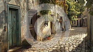 In a quaint village a row of weathered doorways line the cobblestone street. Each one unique in design but all sharing