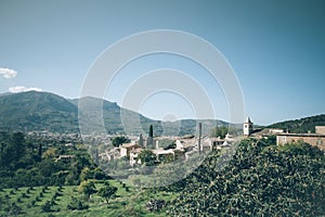 Quaint village in Tramuntana mountains landscape on Majorca island