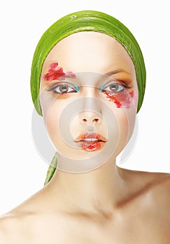 Quaintness & Eccentricity. Styled Woman Face with Theatrical Makeup