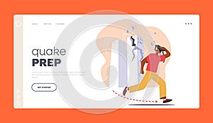 Quake Prep Landing Page Template. Fear-stricken Man Flees Shattered Building Amidst Earthquake Chaos Vector Illustration