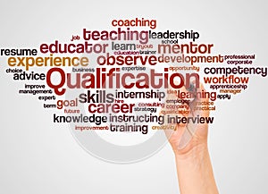 Qualification word cloud and hand with marker concept