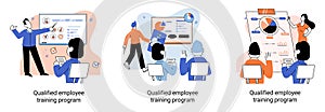 Qualified employee training program. Refresher course. Help in professional development, education metaphor