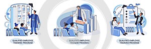 Qualified employee training program. Refresher course. Help in professional development, education metaphor