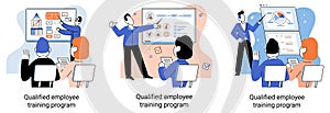 Qualified employee training program. Refresher course. Help in professional development, education metaphor