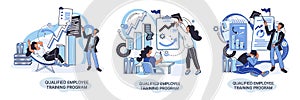 Qualified employee training program. Refresher course. Help in professional development, education metaphor