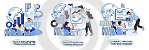 Qualified employee training program. Refresher course. Help in professional development, education metaphor