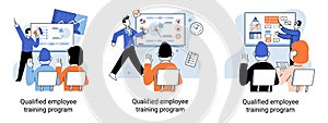 Qualified employee training program. Refresher course. Help in professional development, education metaphor