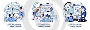 Qualified employee training program. Refresher course. Help in professional development, education metaphor
