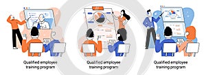 Qualified employee training program. Refresher course. Help in professional development, education metaphor