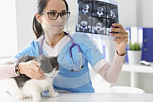 Qualified female veterinarian got x ray result and examine scan in office