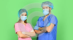 Qualified medicine staff. nurse and doctor wear respirator mask. surgeon after surgery operation. coronavirus epidemic