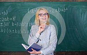 Qualities that make good teacher. Woman teaching near chalkboard. Principles can make teaching effective and efficient