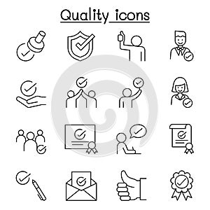 Quality, Approved, Check mark icons set in thin line style