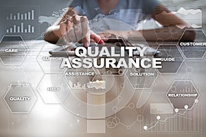 Quality assurance concept on the virtual screen. Business concept