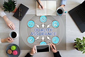 Quality assurance control guarantee customer service satisfaction concept on office desktop.