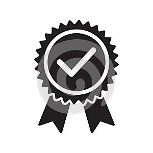 Quality check ribbon icon. Vector product certified or best choice recommended award and warranty check approved certificate mark