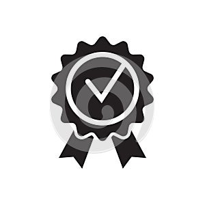 Quality check ribbon icon. Vector product certified or best choice recommended award and warranty check approved certificate mark