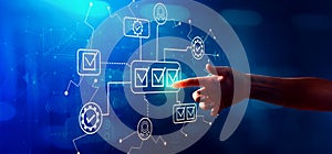 Quality control approval with hand pressing a button