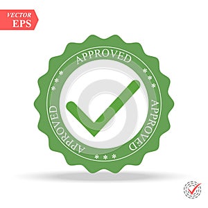 Quality Control Approved. Tick symbol in green color, illustration. Approved stamp