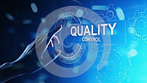 Quality control, assurance, industry standards concept on virtual screen.