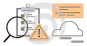 Data Management and Analysis Concept with Checklist, Alert Symbol, and Cloud Computing Elements