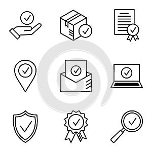 Quality control icons. Approved, check mark symbols, check mark, certification, approval concepts