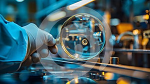 Quality control, Magnifying glass focused on a tiny defect in a manufacturing.